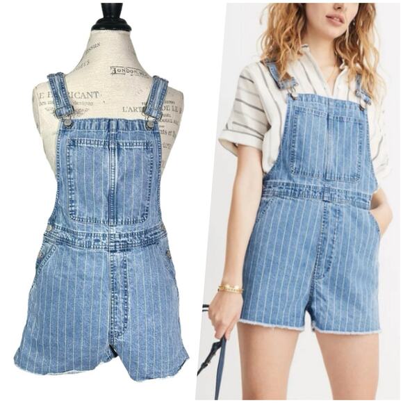 Madewell | Women | Pinyon Pinstripe Denim Short Overall Shortalls | Size XS - Picture 1 of 12